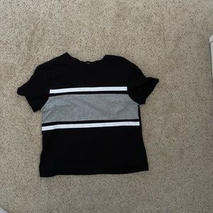 Black shirt with grey and white stripes